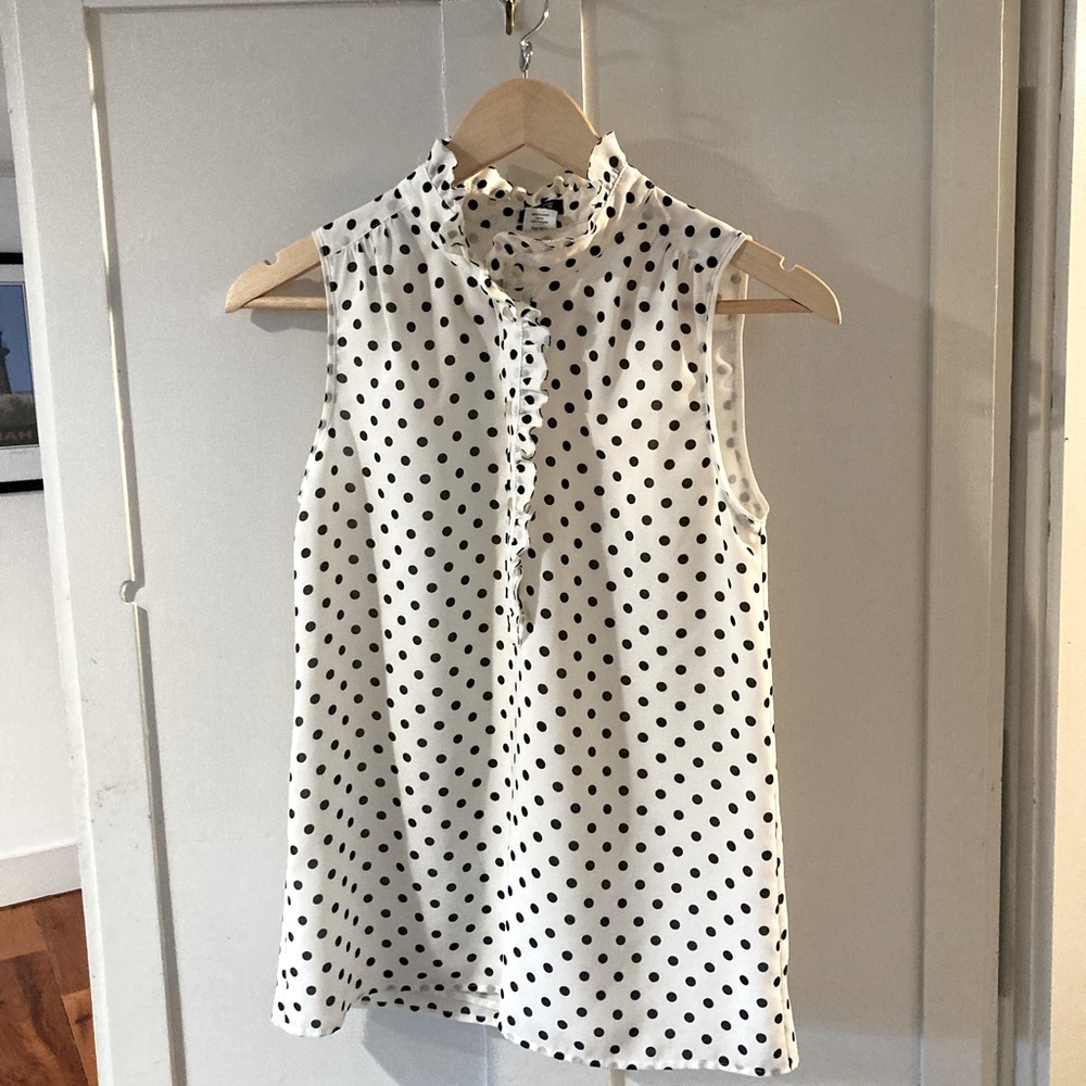 J Crew Sleeveless Ruffle Polka Dot Blouse